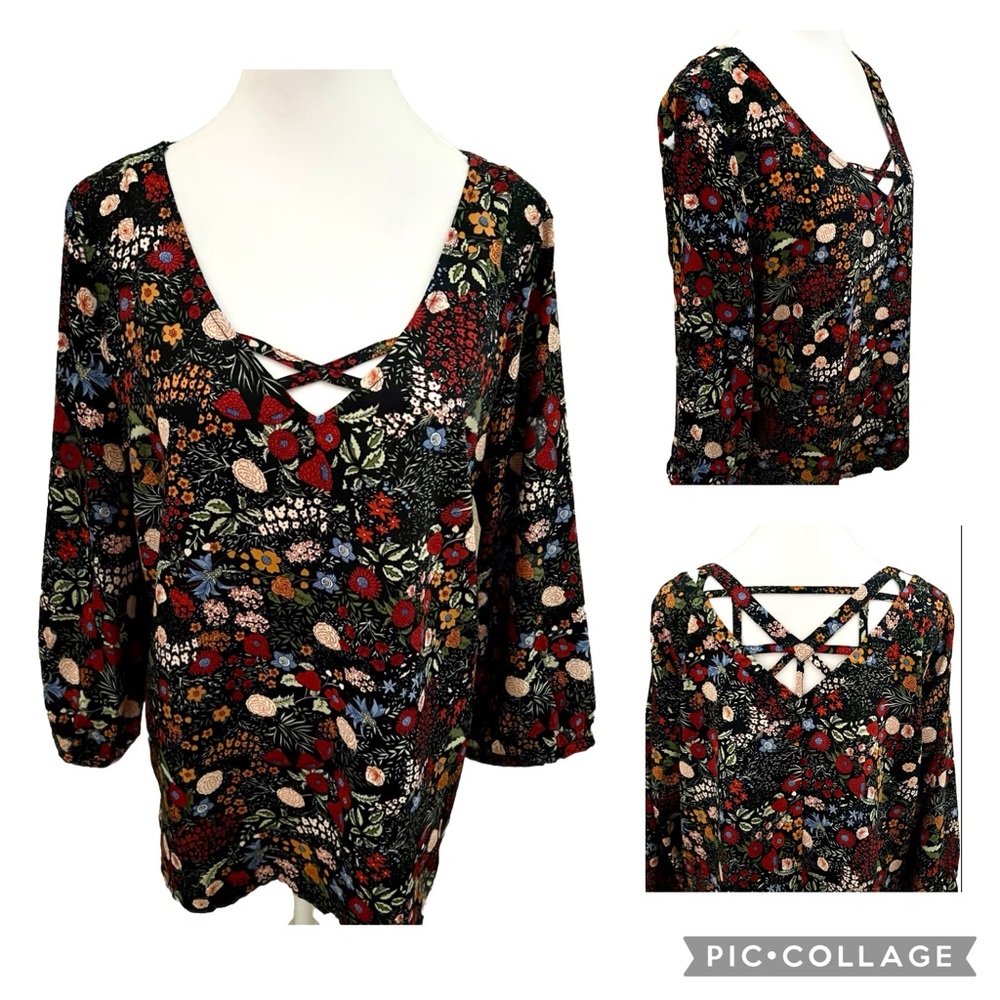 SKIES ARE BLUE ANTHROPOLOGIE Black Floral Rayon Top With Criss Cross Back Large